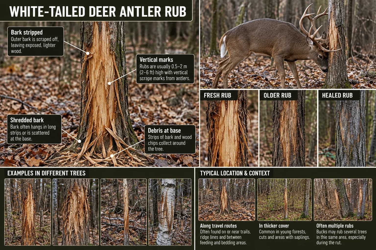 Educational plate showing stripped bark, debris and several stages of deer antler rubs