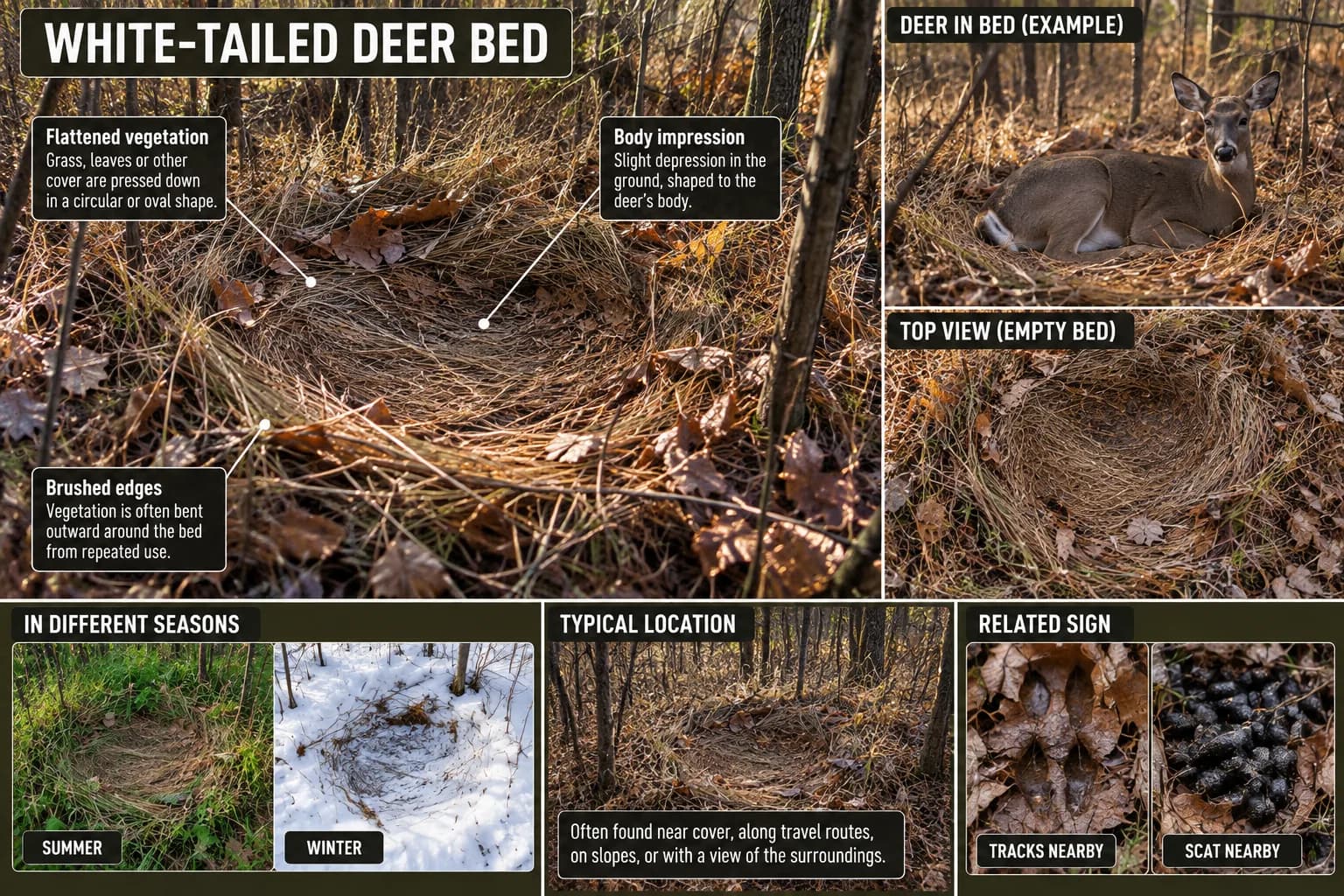 Educational plate showing oval depressions and flattened vegetation associated with deer beds
