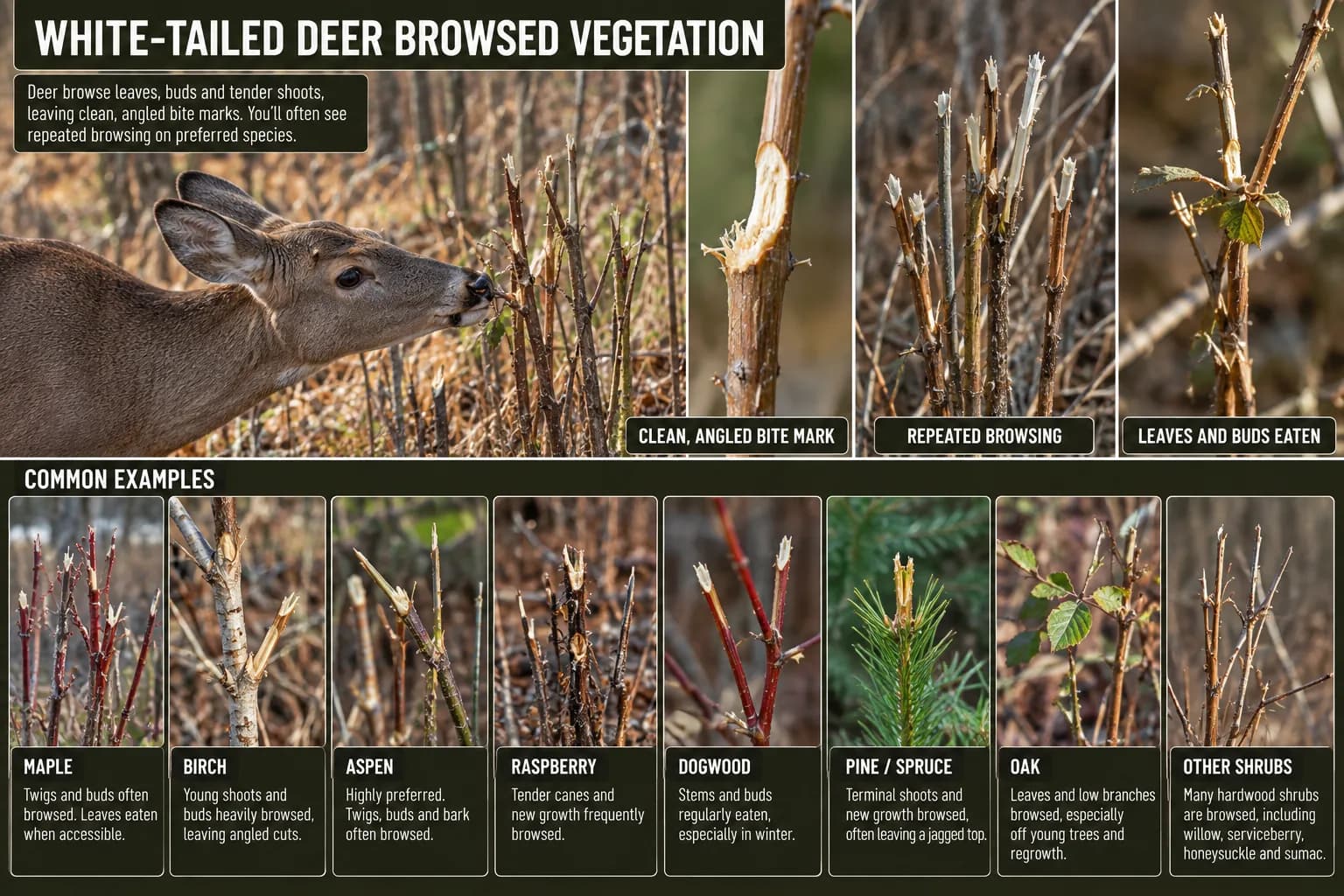 Educational plate showing clipped shoots and vegetation browsed by deer