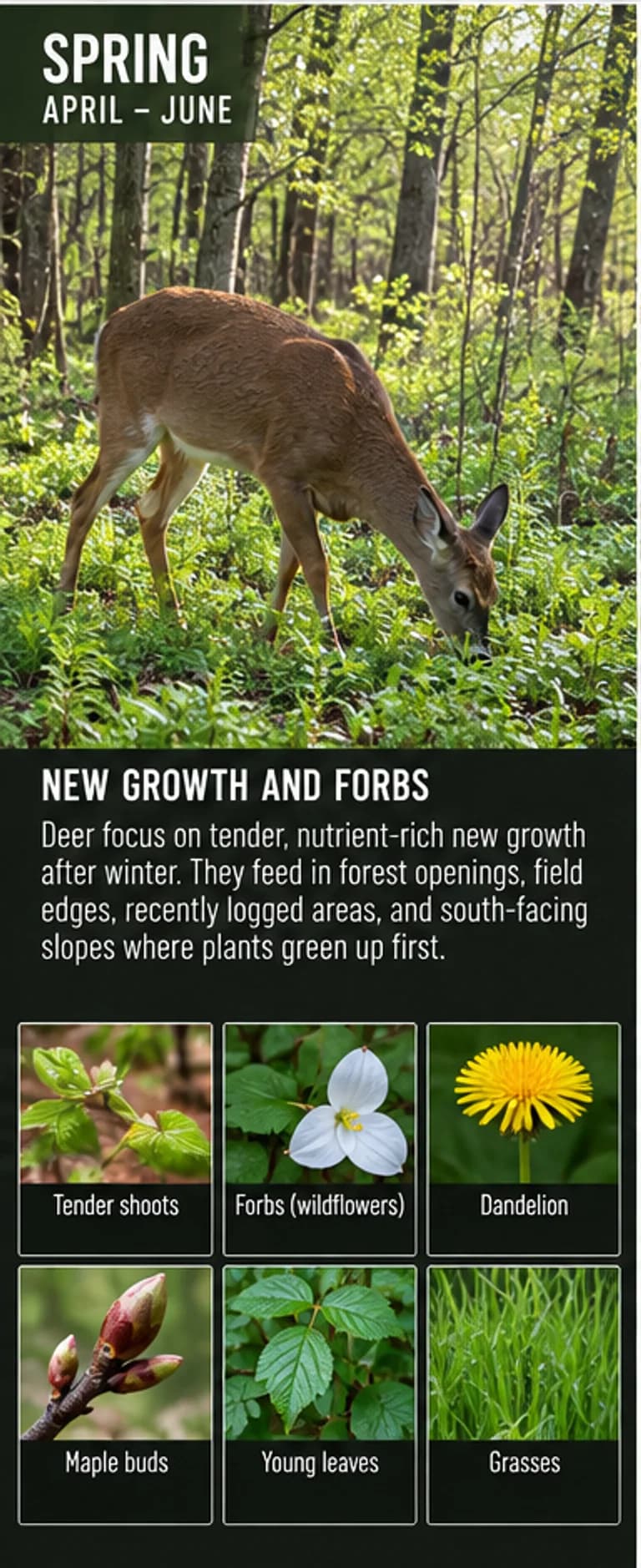 Spring panel showing a deer feeding among emerging forest vegetation
