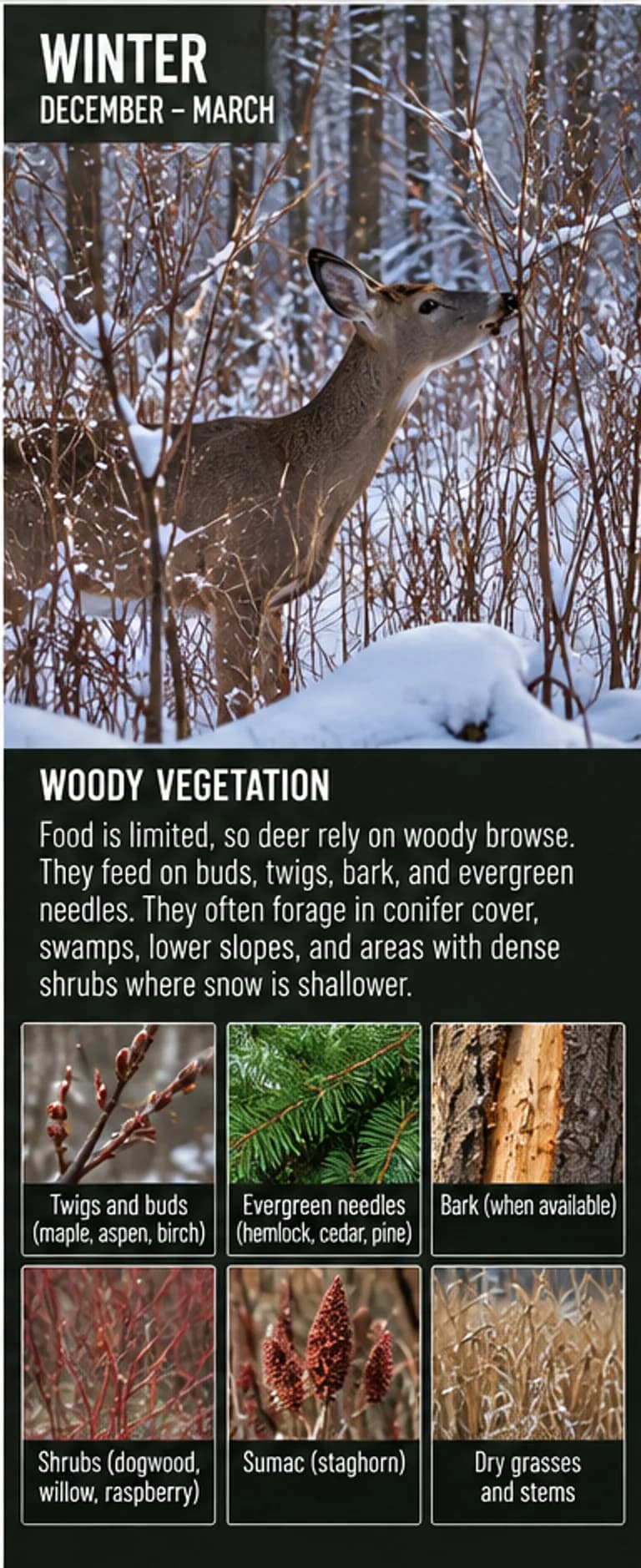 Winter panel showing a deer browsing woody stems in snow