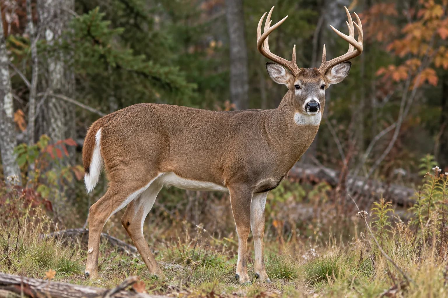 Adult antlered white-tailed deer in side view with the white underside of the tail visible