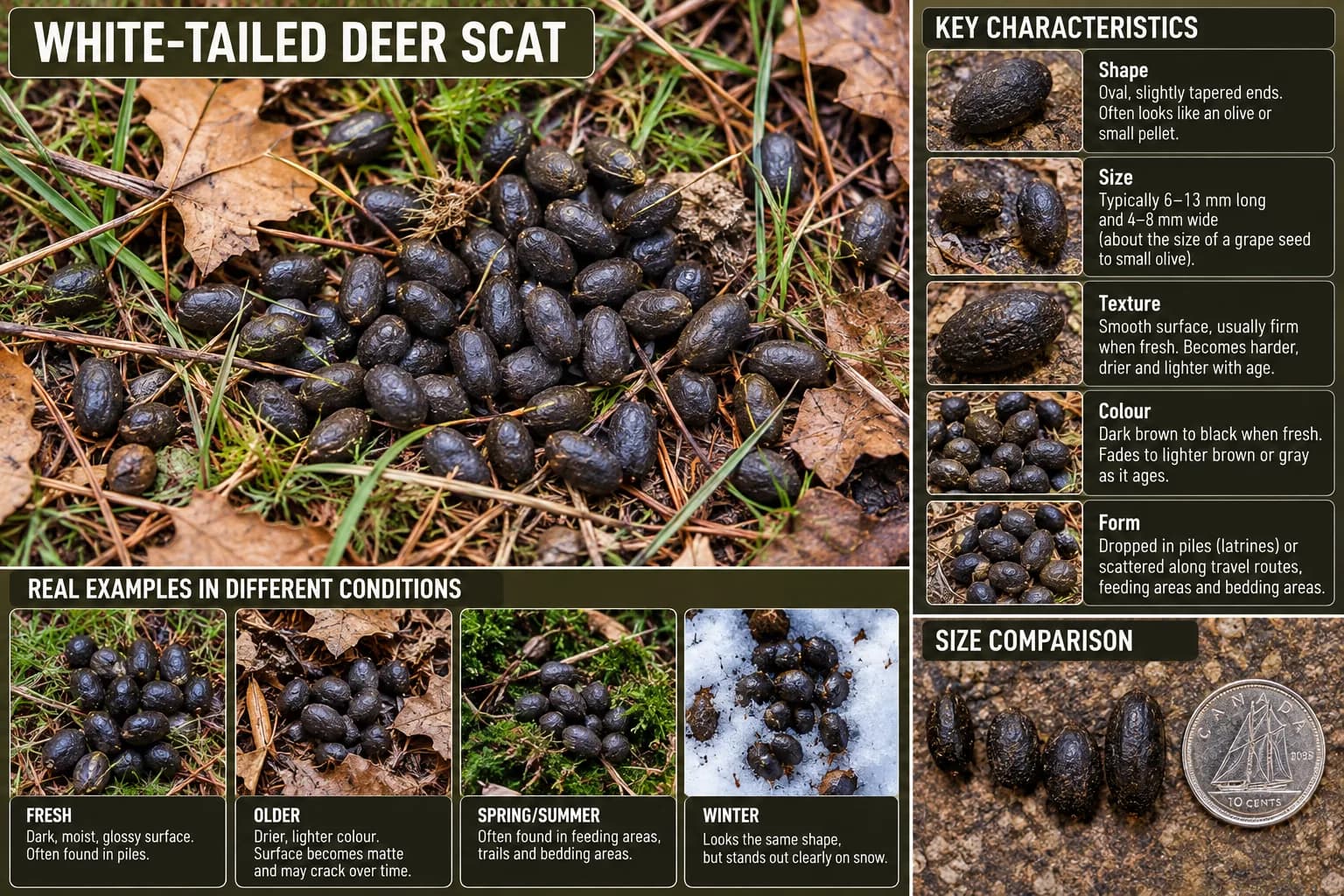 Educational examples of grouped and clumped deer droppings