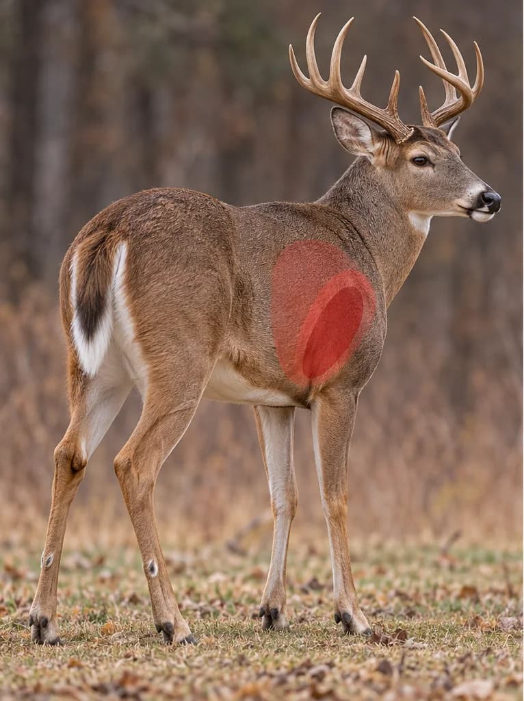 White-tailed deer at a modest quartering-away angle with a broad translucent heart-lung target region