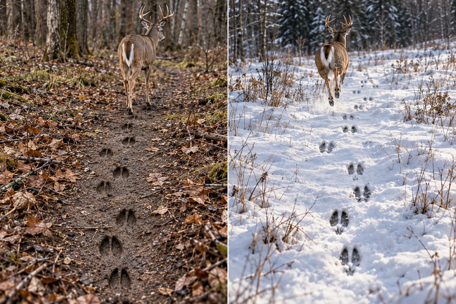 Conceptual side-by-side examples of deer track lines in leaf litter and snow