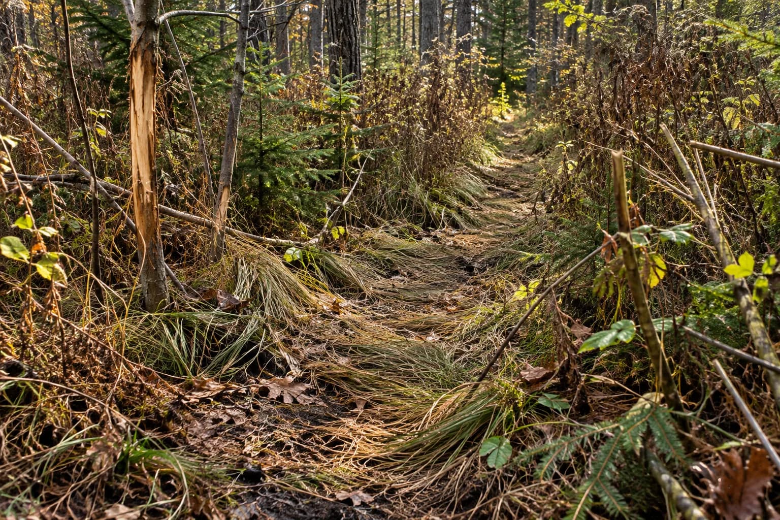 Examples of narrow trails and cover transitions that may concentrate deer travel