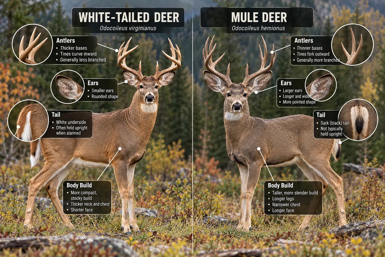 Educational comparison of white-tailed deer and mule deer highlighting tail, ear and antler differences