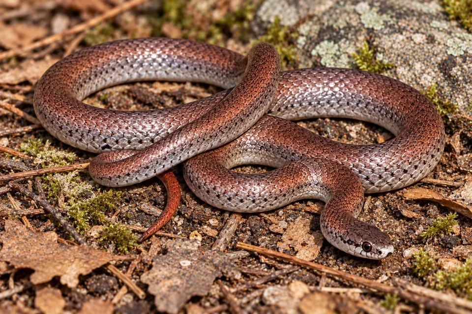 Common sharp-tailed snake coiled on leaf litter